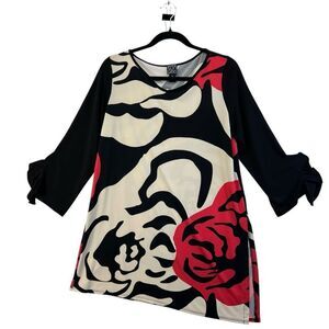 CLARA SUNWOO Floral Black & Red Blouse Tunic Top Ruffled 3/4 Sleeves, medium